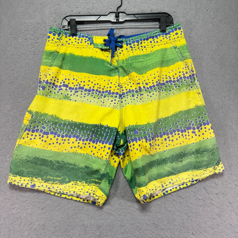 AFTCO Mens Fishing Board Shorts Yellow Green Blue Striped Print Size 32‎